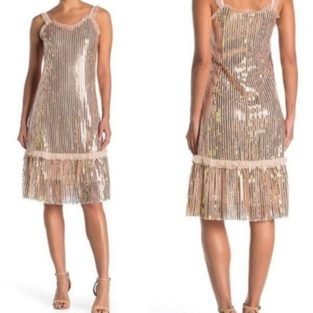 SEE THE SHADES Ruffle Trim Sequined Midi Dress S Scoop neck‎ Sleeveless
